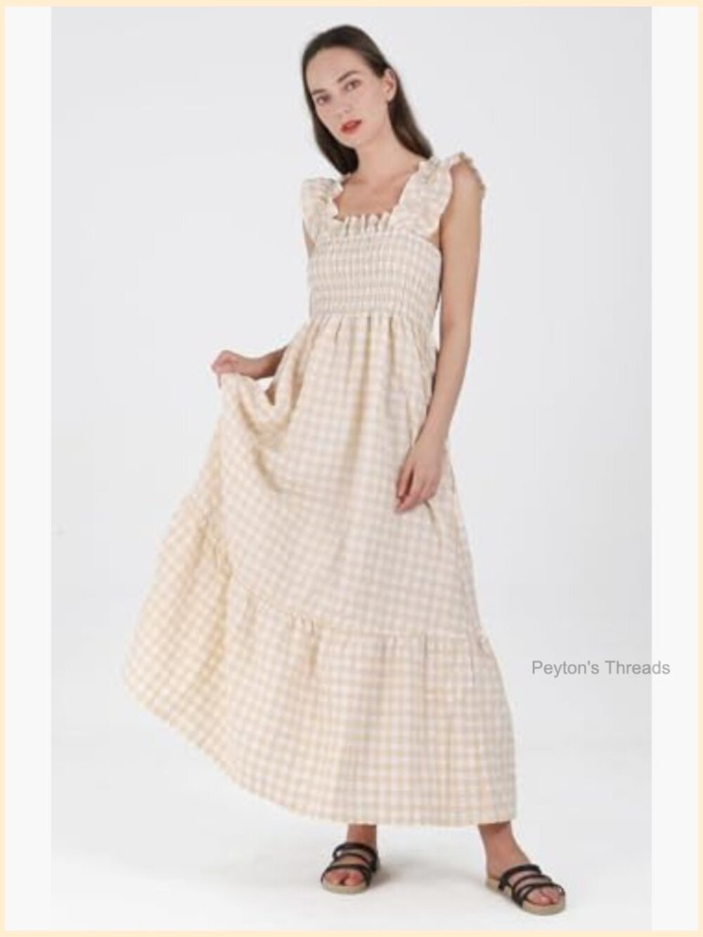 Sleeveless Strap Retro Plaid A-Line Smocked Maxi Long Dress Ruffled Hem - Picture 2 of 5